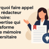 Illustration d’une rédactrice professionnelle présentant un document académique, symbolisant l’expertise en rédaction de mémoire et l’accompagnement méthodologique universitaire.