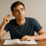 Étudiant réfléchissant devant un cahier ouvert pour rédiger l’introduction de son mémoire