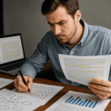 « Chercheur analysant des données qualitatives sur un bureau, symbolisant la rigueur méthodologique et l’interprétation scientifique.