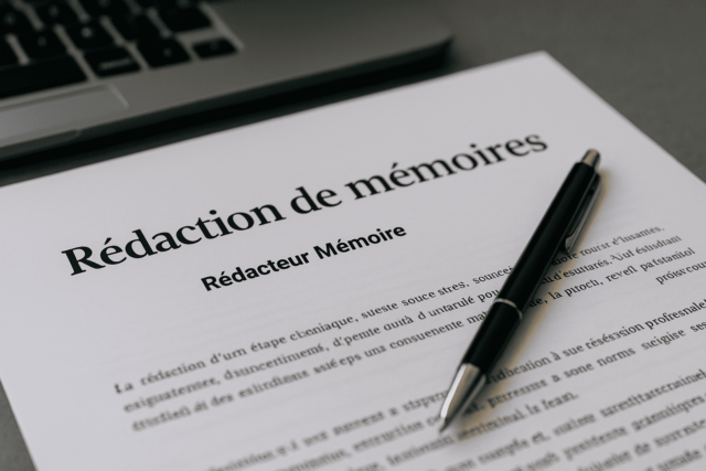 Ordinateur portable et document imprimé sur un bureau, illustrant un service professionnel de rédaction de mémoires