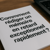 Bureau professionnel avec ordinateur portable, carnet et stylo, illustrant un étudiant en train de rattraper son mémoire en retard.