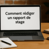 Ordinateur portable affichant le titre "Comment rédiger un rapport de stage" sur un bureau avec carnet, stylo et tasse, dans un environnement professionnel.