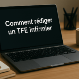 Ordinateur portable affichant le titre Comment rédiger un TFE infirmier sur un bureau avec carnet et tasse, illustrant le travail d’un étudiant infirmier.